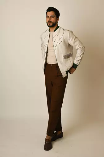 Dusty beige pure linen thread embroidered bomber jacket