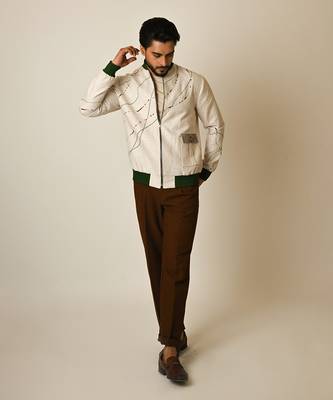 Dusty beige pure linen thread embroidered bomber jacket 4