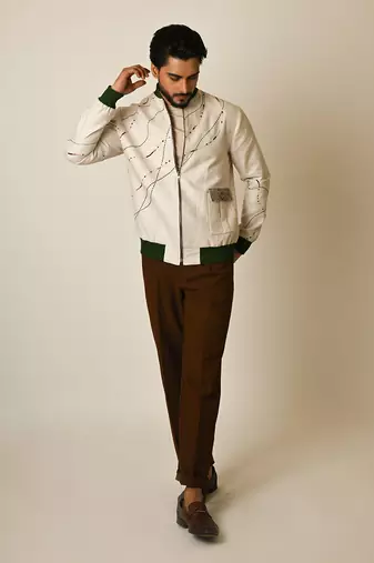 Dusty beige pure linen thread embroidered bomber jacket