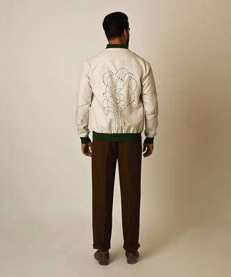 Dusty beige pure linen thread embroidered bomber jacket 5