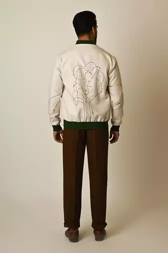 Dusty beige pure linen thread embroidered bomber jacket
