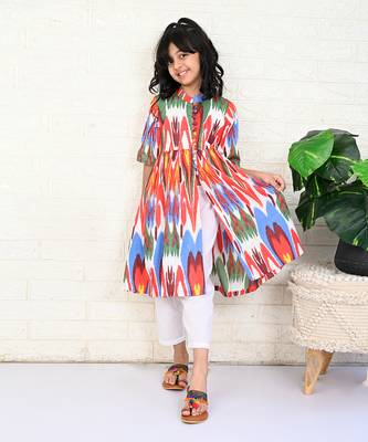 White cotton printed ikat kurta set 1