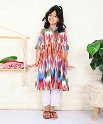 White cotton printed ikat kurta set 2