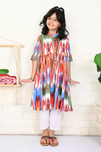 White cotton printed ikat kurta set