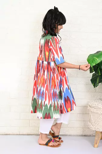 White cotton printed ikat kurta set