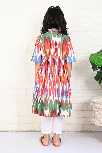 White cotton printed ikat kurta set