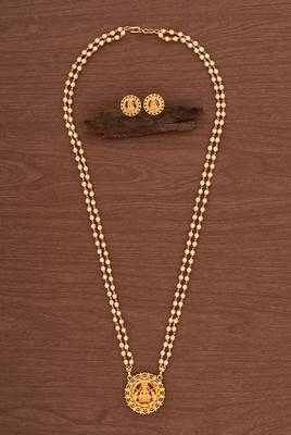 Off-white pearl necklace with Laxmi pendant and earrings set MEDIUM length 2