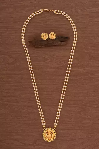 Off-white pearl necklace with Laxmi pendant and earrings set MEDIUM length