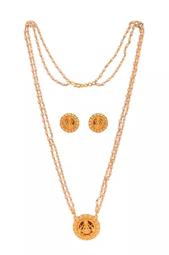 Off-white pearl necklace with Laxmi pendant and earrings set MEDIUM length