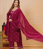 Womens cotton maroon & white embroidery work kurta and pants with dupatta
