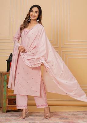 Womens cotton peach & white embroidery work kurta and pants with dupatta 1