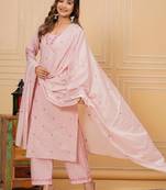 Womens cotton peach & white embroidery work kurta and pants with dupatta