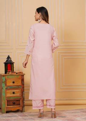 Womens cotton peach & white embroidery work kurta and pants with dupatta 3