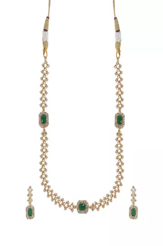 Green three stone american diamond necklace set
