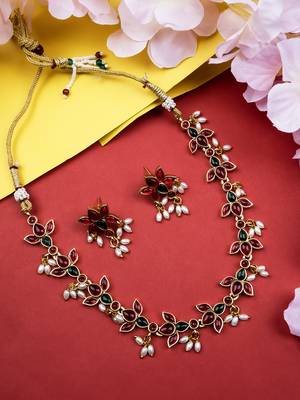 Ruby-green kemp studded lotus necklace se 2