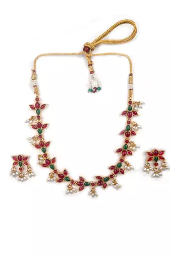 Ruby-green kemp studded lotus necklace se