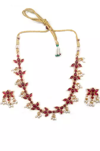 Red kemp studded lotus necklace se