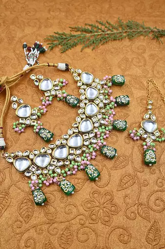 Exquisite green kundan double layered necklace set