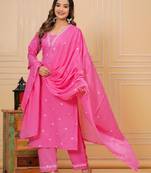 Womens cotton pink & white embroidery work kurta and pants with dupatta