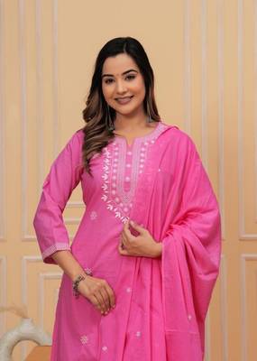 Womens cotton pink & white embroidery work kurta and pants with dupatta 4