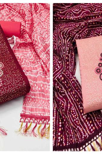 Women's stylish maroon and pink color unstitched heavy thread sequence combo dress material