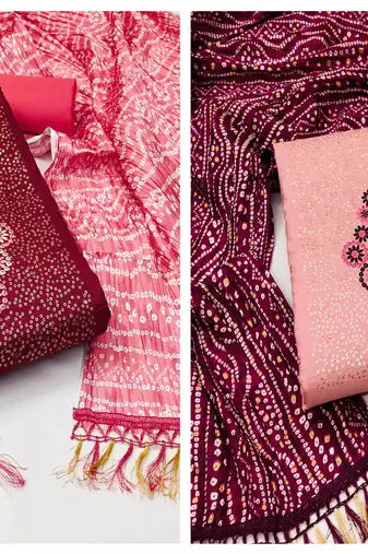 Women's stylish maroon and pink color unstitched heavy thread sequence  combo dress material