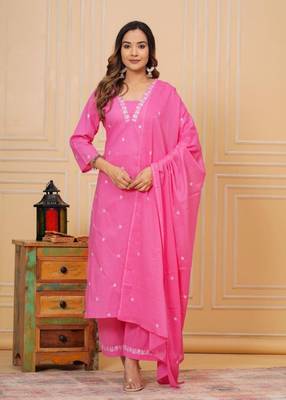 Womens cotton pink & white embroidery work kurta and pants with dupatta 5