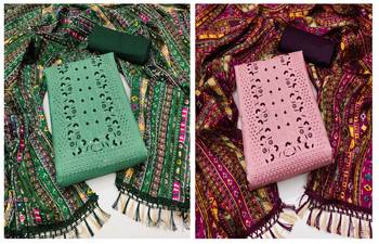 Women's classic green and pink color embrodiered and fancy border n combo dress material 1