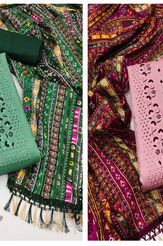 Women's classic green and pink color unstitched embrodiered and fancy border n combo dress material