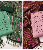 Women's classic green and pink color unstitched embrodiered and fancy border n combo dress material