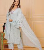 Womens cotton sky & white embroidery work kurta and pants with dupatta