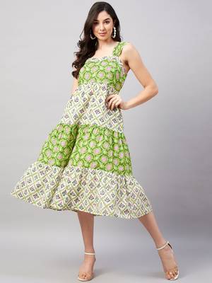 Winered women green & white shoulder strap panelled dress 1
