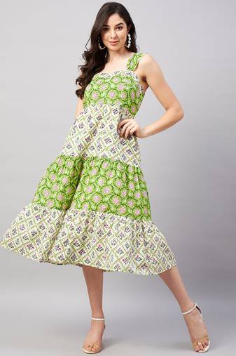 Winered women green & white shoulder strap panelled dress