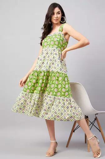 Winered women green & white shoulder strap panelled dress
