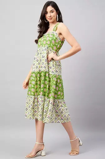 Winered women green & white shoulder strap panelled dress