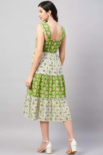Winered women green & white shoulder strap panelled dress