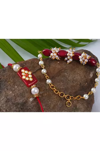 Handcrafted combo of colorful kundan stone rakhi for bhaiya,couple pair rakhi set with roli chawal for raksha bandhan