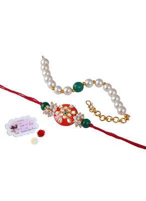 Handcrafted combo of orange kundan stone rakhi green onyx pearl bracelet 1