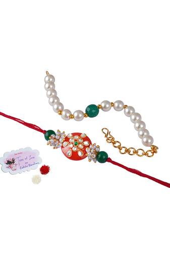 Handcrafted combo of orange kundan stone rakhi green onyx pearl bracelet