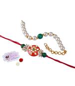 Handcrafted combo of orange kundan stone rakhi green onyx pearl bracelet