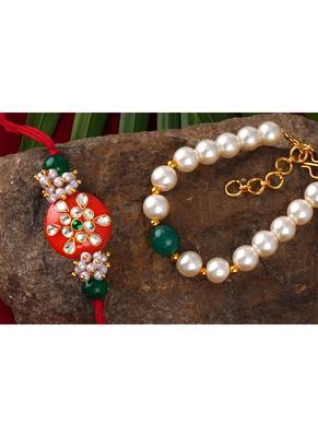 Handcrafted combo of orange kundan stone rakhi green onyx pearl bracelet 2