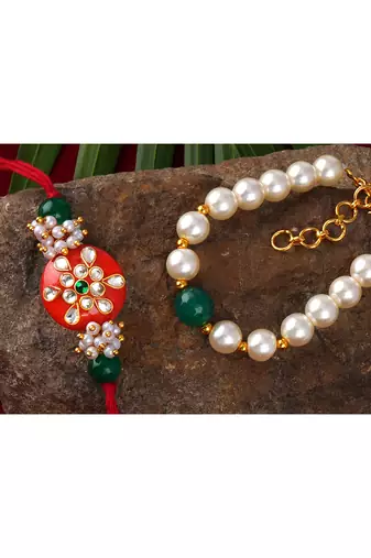 Handcrafted combo of orange kundan stone rakhi green onyx pearl bracelet