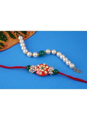 Handcrafted combo of orange kundan stone rakhi green onyx pearl bracelet 3