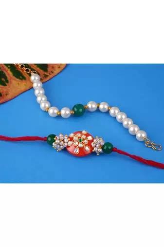 Handcrafted combo of orange kundan stone rakhi green onyx pearl bracelet