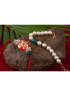 Handcrafted combo of orange kundan stone rakhi green onyx pearl bracelet 4