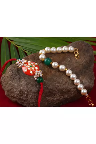 Handcrafted combo of orange kundan stone rakhi green onyx pearl bracelet