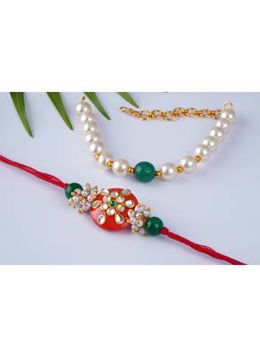 Handcrafted combo of orange kundan stone rakhi green onyx pearl bracelet 5