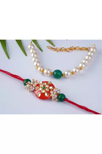 Handcrafted combo of orange kundan stone rakhi green onyx pearl bracelet