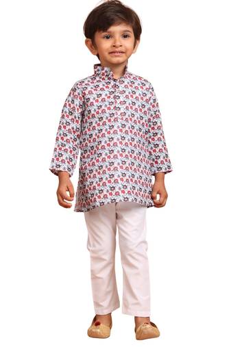 boys  cotton printed kurta suit - indeevar collection white