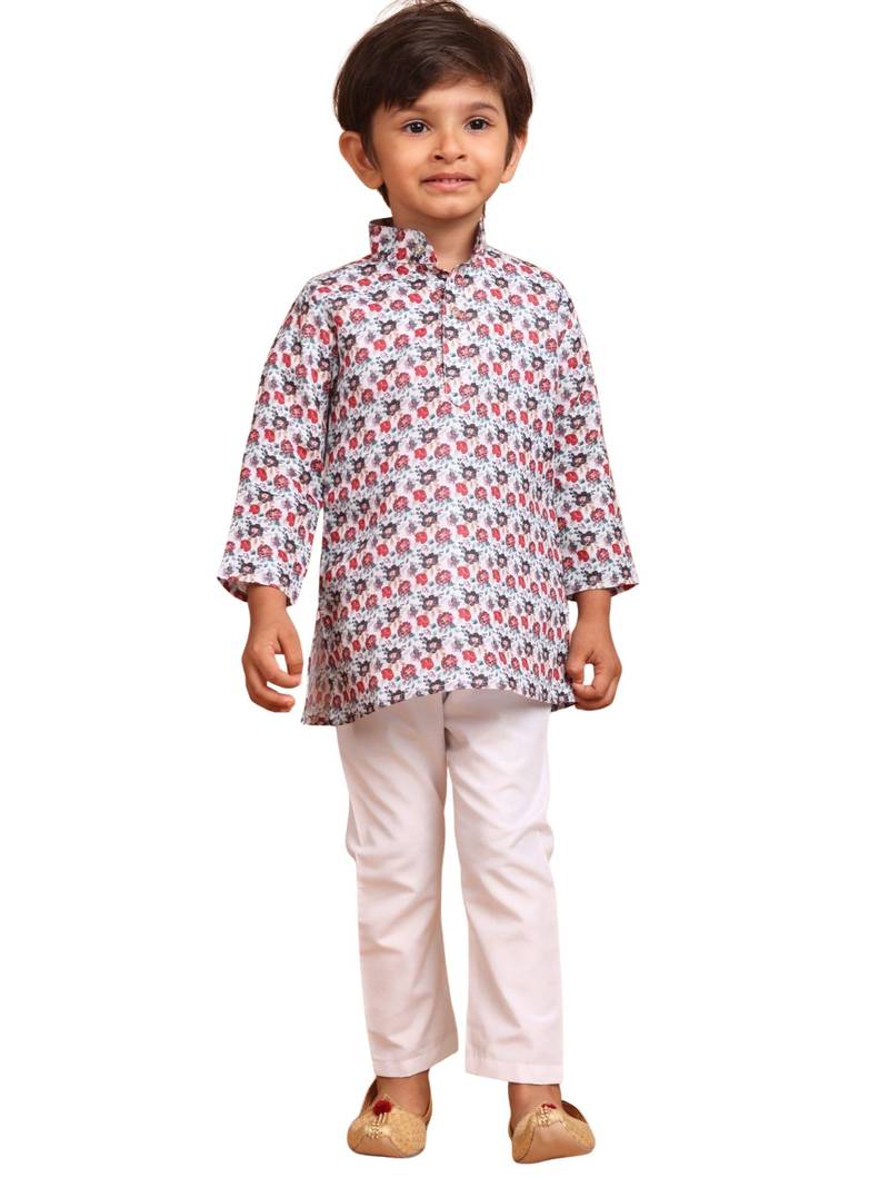 boys  cotton printed kurta suit - indeevar collection white